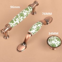 96mm Europe style white and green porcelain furniture handle red bronze cabinet drawer pull knob antique copper dresser handle
