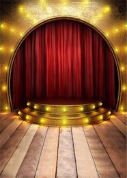 Gold Wall Red Curtain Arched Stage Photography Background Wood Floor Stairs Back Drops with Light Children Kids Studio Photo Booth Backdrop