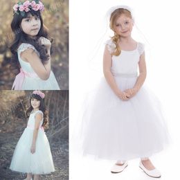 First Communion Dresses for Baby with Scoop Neck and Belt Cute Flower Girl's Dress Ankle Length Kids Wedding Dress