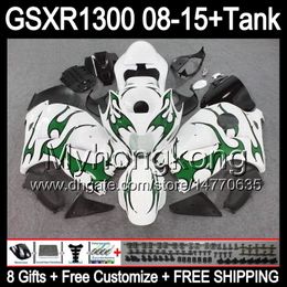 8gifts For SUZUKI Hayabusa GSXR1300 08 15 GSXR-1300 green flames 14MY98 GSXR 1300 GSX R1300 08 09 10 11 12 13 14 15 Fairing gloss white Kit