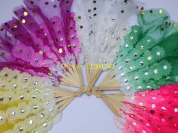 10pcs/lot Fast Shipping Wedding Party favors gift Double faced 70 flower fan Bamboo bone Crystal yarn fabric Dance Fans