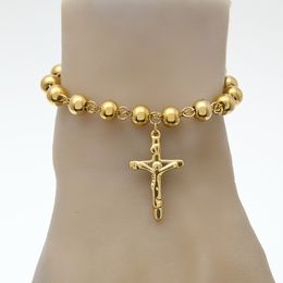 Unisex 14K Gold Plated Rosary Bead Bracelet Stainless Steel Cross With Jesus Charms Pendant Link Chain Religion Female pulseira