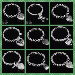 Man woman Bracelets Mix Order 9 styles 10PCS/Lot Plated 925 Silver love heart Pendant Link Chain charm Bracelets High-quality