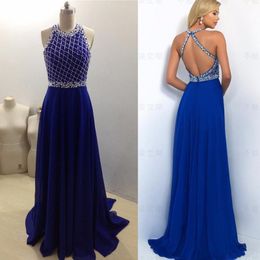 Saudi Arabia Royal Blue Prom Dresses Halter Neck Sleeveless Criss-Cross Back A Line Real Simple Crystal Beaded Chiffon Evening Party Dress