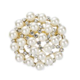 1.7 Inch Gold Plated Clear Rhinestone Crystal and Imitation Cream Pearl Round Brooch Wedding Cake Pins