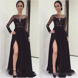 2017 Black Mother Long Sleeves Cheap Prom Dresses Appliques Side Slit Formal Maid of Honour Gown Lace Prom Dress Plus Size