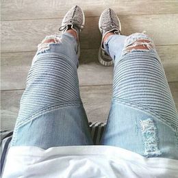 Jeans Wholesale Hot 2022 Hip Hop Hole Ripped Jeans Men Fashion Pleated Runway Distressed Biker Boy Blue/Black Motorcycle Trousers Botto