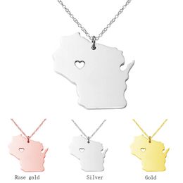 Wisconsin Map Stainless Steel Pendant Necklace with Love Heart USA State WI Geography Map Necklaces Jewellery for Women and Men
