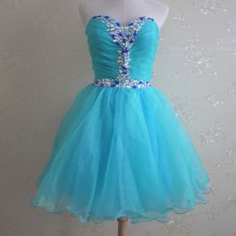 Pretty Girls Short Prom Dreses with Crystals 2019 Vestidos de Curto Turquoise Prom Gowns Organza Mini Skirt Lace up Back Party Dresses