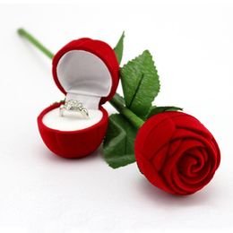 Romantic Red Rose Flower Velvet Wedding Ring holder Earrings Storage Display Case Pendants Jewellery Gift Box Valentines Day birthday gifts