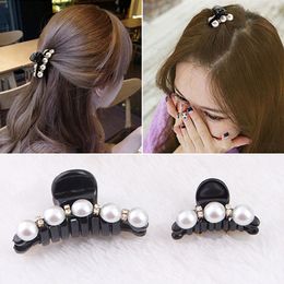 Girls Elegant Black Hair Claw Clip Crystal Pearl Plastic Hair Accessories New #T701