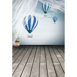 Blue and White Air Balloons Sky Wall Photography Backdrop Soft Tulle Curtain Newborn Baby Kids Children Photo Background Wood Texture Floor
