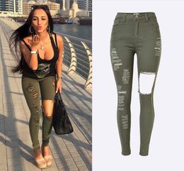 Wholesale- Women High Waist Slim Stretch Ripped Legs Skinny Washed Denim Jeans Pants For Calca Feminina