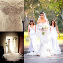 Major Beading Mermaid Wedding Dresses Lace Long Sleeves Off The Shoulder Summer Bridal Gowns Sweep Train Wedding Vestidos 2018
