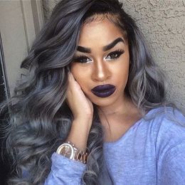 Synthetic Wigs Handmade Fashion Women 180density Synthetic Ombre Grey Lace Front Wig Body Wavy Women Grey Colour Heat Ristant Hair Wigs