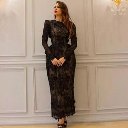 Black Lace Ankle Length Dresses Formal Evening Gowns Jewel Neck Applique Long Sleeves Prom Dresses Glamorous See Through Sheath Evening Dres