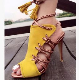 2017 fashion womens lace up gladiator sandals peep toe high heels summer sandals boots party shoes stiletto heel yellow leather dress shoes