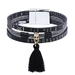 Female Male Alphabet Print Multil-row PU Leather Bracelet Cuff Magnetic Tassel Bracelet Women Wrap Charm Boho Bohemian Bracelets Bangle Men