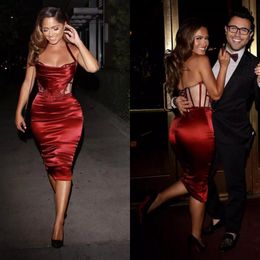 2017 Sexy Dark Red Elastic Silk like Satin Short Sheath Cocktail Dresses For Women Cheap Halter Lace Up Back Knee-Length Party Gowns EN10236