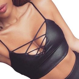 Wholesale- 2016 Summer Style Sexy Women Blusas Sleeveless Leather Halter V Collar Lady Tank Tops Bustier Bra Vest Crop Top Black