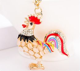 Dalaful Pretty Chic Opals Cock Rooster Alloy Chicken Keychains Crystal Bag Pendant Key ring Key chains Gift Jewellery Llaveros K131