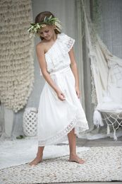 Pretty White Chiffon Lace Country Boho Flower Girl Dresses For Wedding 2017 One Shoulder High Low Beach Casual Dress Custom Made E273k