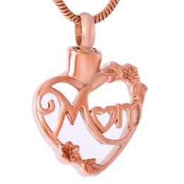 IJD9465 Mom Heart Stainless Steel Cremation Pendant Necklace Memory Funeral Casket Ashes Keepsake Urn Necklace