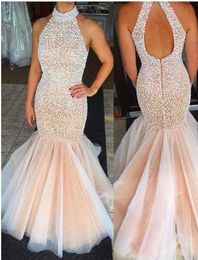New Halter Neck Mermaid Prom Dresses High Neck Champagne Keyhold Back Tulle Beaded Rhinestones Top Floor Length Party Evening Dresses
