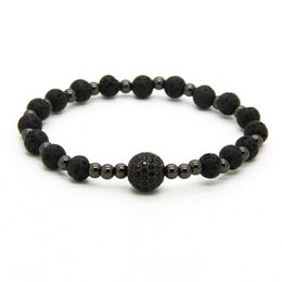 Wholesale Mens Bracelets 10pcs/lot 6mm Lava rock Stone Beads With 10mm Black Cz Ball Stretch Bracelets