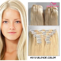 Blonde clip in human hair extension high quality 100g Brazilian indian remy human hair silk straight clip on human hair free DHL