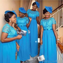 2017 Hot Sale Nigerian Blue Bridesmaid Dresses Lace Plus Size Short Sleeves Plus Size Style Wedding Guest Party Maid Of Honour Gowns Cheap