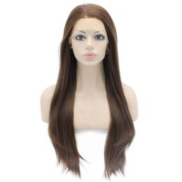 24" Long Brown Wig Silky Straight Half Hand Tied Heat Resistant Synthetic Fibre Lace Front Fashion Wig