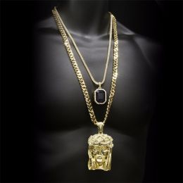 Hip Hop Golden Crowned Jesus Head Pendant Iced Out Square Gem Crystal Necklace Set Cuban Chain Social Gatherings