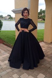 Gorgeous Black Two Piece Prom Dresses Top Beaded Puffy Taffeta Evening Dresses Party Garden Summer Floor Length Long arabic Sleeve special