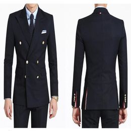 Wholesale- Black Peaked Lapel Double Breasted Suits 2 Pieces(Jacket+Pant)High Quality Latest Design Hot Selling Fashion Terno Masculino