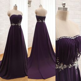 Stunning Dark Purple Chiffon Prom Dress Long Sweetheart Sleeveless Exquisite Beads Crystals Custom Made Evening Gowns with Train