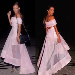 Soft Pink Off Shoulder Prom Dresses Sexy See Through High Low Evening Gowns Hollow Back Organza Cocktail Party Dress Simple Formal Wear