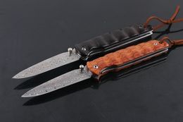 2 Colours Swiss Damascus Steel Folding Knife Natual Acid Wood Handle EDC Pocket Knives With Leather Sheath