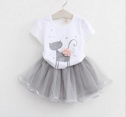 Girls Dress New 2017 Clothes 100% Summer Fashion Style Cartoon Cute Little White Cartoon Dress Kitten Printed Dress G158