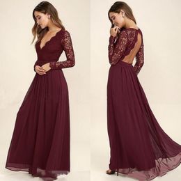 Hot Sales 2017 Burgundy Bridesmaid Dress Deep V Neck A Line Open Back Long Sleeve Lace and Chiffon Bridesmaids Party Dresses