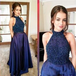 Two Pieces Navy Blue Prom Dresses Halter Beads graduation dresses Prom Gowns Pageant Gowns semi formal dress Evening Party Dress Satin