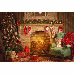 Indoor Merry Christmas Fireplace Background Vintage Computer Printed Xmas Tree Toy Bear Gift Boxes Chair Happy New Year Photography Backdrop