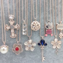 Hot Sweater Chain Stone Necklaces Pendants New Jewellery Rose Flower Cross Cat Eye Gem rhinestone Owl Austrian Crystal Fashion Pendants Necklace