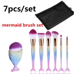 7pcs/set Makeup Brushes Set Mermaid Handle Design Big Fail Brush Blush Powder Eyeshadow Eyeliner Blending Nose Fan Make Up Brush With Bag