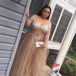 Pretty Champagne South African Prom Dress A-Line Illusion Long Sleeve Banquet Evening Party Gown Custom Made Plus Size