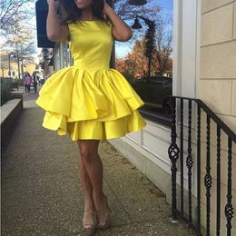 Simple Yellow Puffy Homecoming Dresses Cheap Satin Ruffle Tiered 8th Grade Plus Size Short Mini Prom Dresses under 100 Sweet 16 Gowns