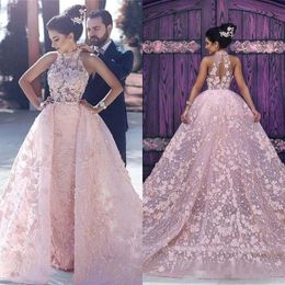 Vintage Pearl Pink Full Lace Formal Prom Dresses With Overskirt Train Keyhole Back Plus Size See Through Special Occasion Evening Gowns