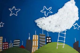 Blue Sky Stars Background Children Soft White Crescent with Ladder City Buildings Kids Cartoon Photo Backdrops Newborn Photography Props
