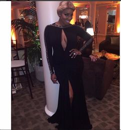 Michael Costello Black Mermaid Prom Dresses Long Sleeve Ruched Lace Beaded High Slit Sexy Evening Party Formal Gowns