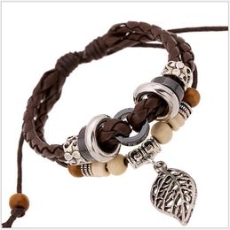 Factory Price Circle Beads Bracelet for Women Punk Leaf Drawstring Rope Charms Leather Braided Bracelets Hand Jewellery